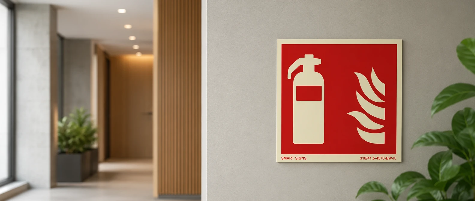 Firmapresentasjonen til Smart Signs vist sammen med etterlysende skilt, ledelinjer og dokumentasjon på et moderne kontorbord