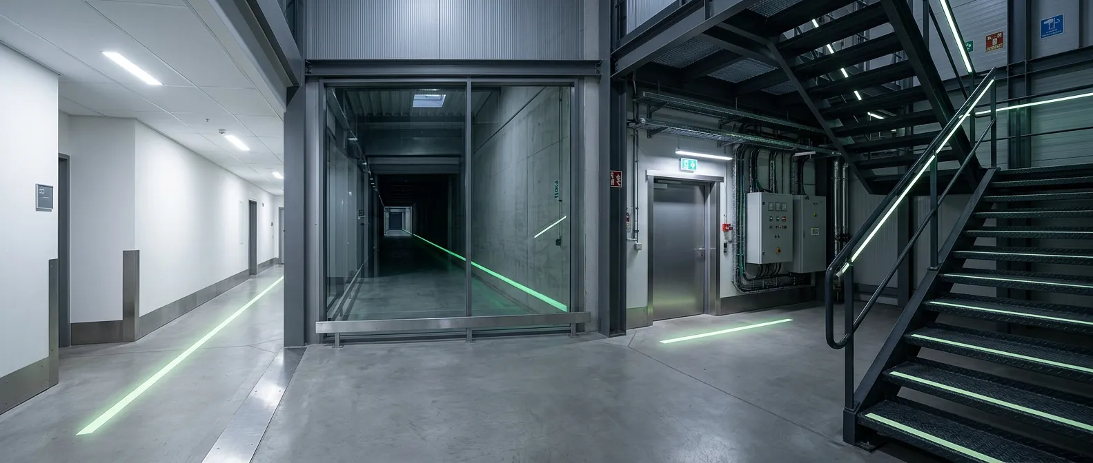 Ledelinjer vist i fire ulike miljøer: korridor, teknisk rom, tunnel og metalltrapp