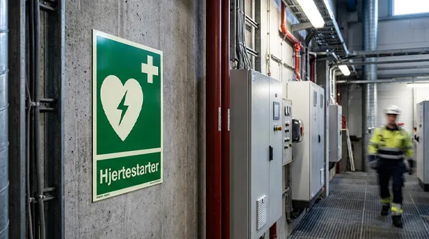 Skilt for hjertestarter og førstehjelp